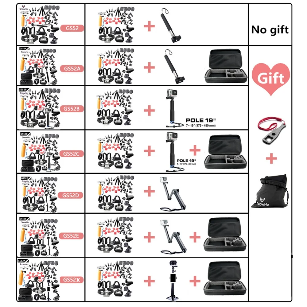 Comprar SnowHu para Gopro accesorios de montaje para ir pro hero 8 7 6 5 4 3 negro para xiaomi yi 4K Cámara de Acción accesorios GS52