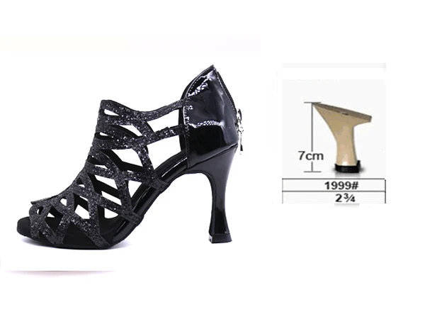 Samisoler/Блестящая обувь с вырезами; женская обувь для латинских танцев; Танцевальная обувь для танго, джаза; обувь для сальсы, бальных танцев; модная обувь для танцев 5-10 см - Цвет: Black heel 7cm