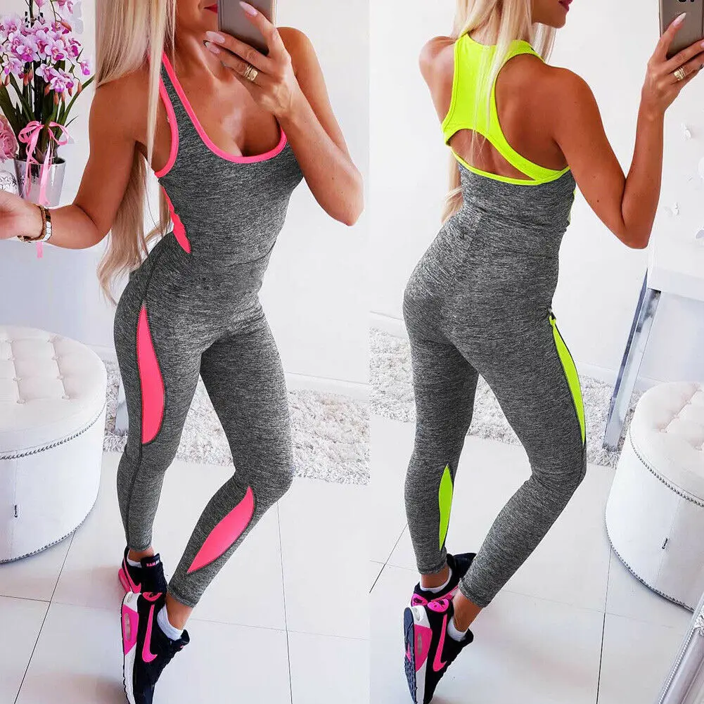 

2019 Brand New Women's One-pieces Sports Suit Workout Gym Sexy Back Hollow Yoga Set Bandage Gym Striped Side Fitness Jumpsuit