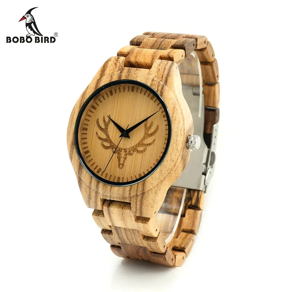BOBO BIRD L-K29 Deer Head Dial Fashion Zebra Wooden Men-sized Hour Quartz Watches for Men with Gift Box