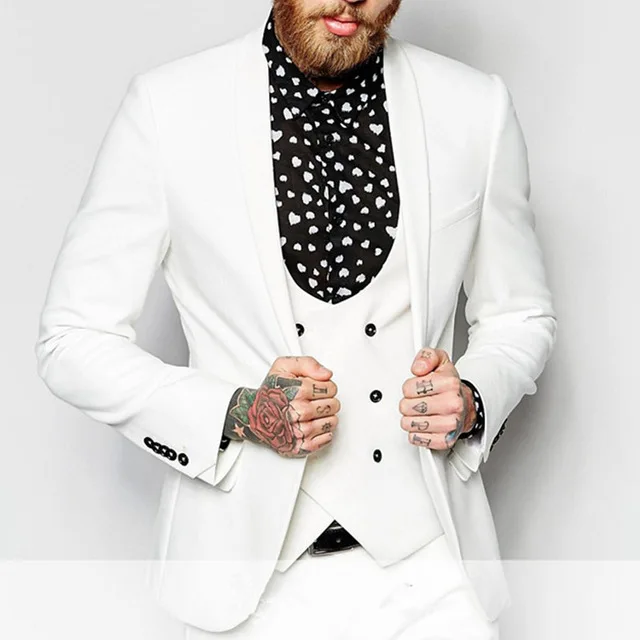

2018 Spring White Shawl Lapel Double Breasted Tuxedo Men Suits Blazer Skinny terno masculino Latest Coat Pant Designs men suit