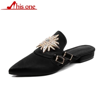 

THIS ONE 2018 Europe Stars Popular New Slip On Crystal decoration Women Slipper Fashion Brand Loafers Mule Flat Shoes Loafer