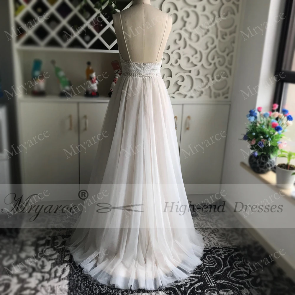 Mryarce Sexy Deep V Neck Open Back Bohemian Wedding Dress 2018 Spaghetti Straps Charming Lace Tulle A Line Beach Bridal Gowns  (6)