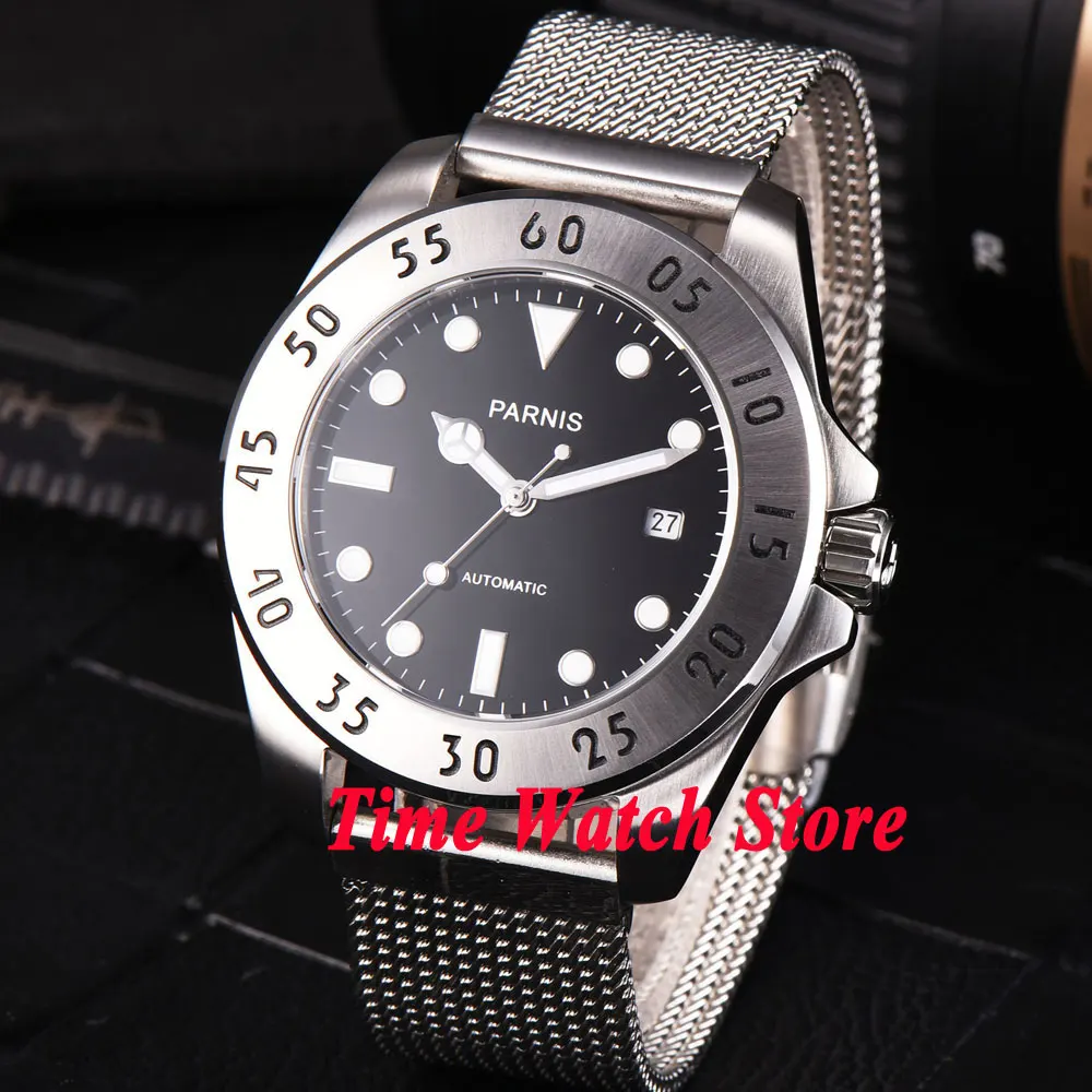 

Parnis 43mm Automatic Watch for Men Miyota8215 Movement Black Dail Sapphire Crystal Auto Date Screw-in Crown Mesh Strap 316L