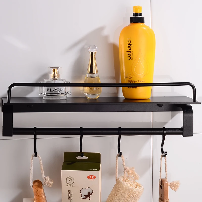 Bathroom Shelves Shower Storage Rack Aluminum Black Bathroom Shampoo Shelf Organizer with 4 Hooks Wall Mounted Toilet Racks