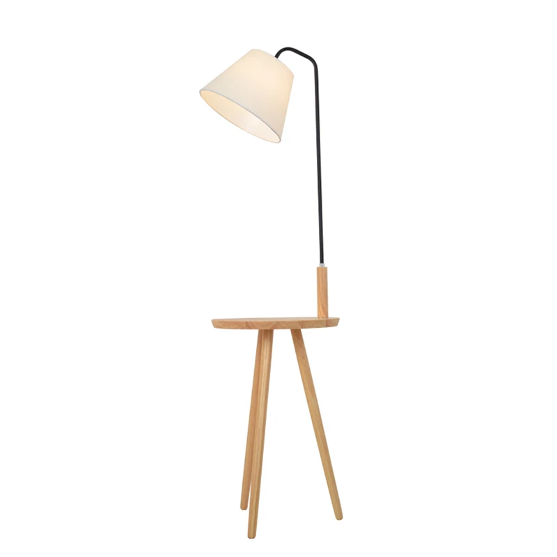 

Studio Floor Lamp Nordic Post Modern Oak Wood Tripod Additional Fabric Shade Standing Lamp with Table Sofa Studying Room Beside