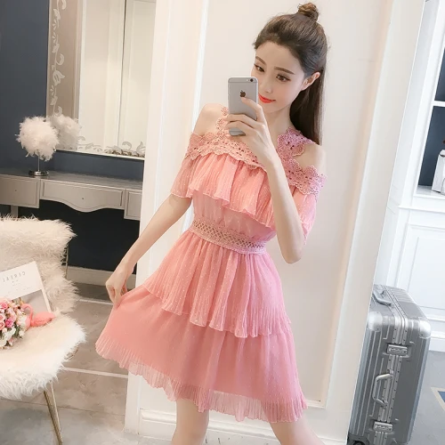 Yzeqi Women Chiffon Pleated Summer Dress Hollow Out Short Solid Lace