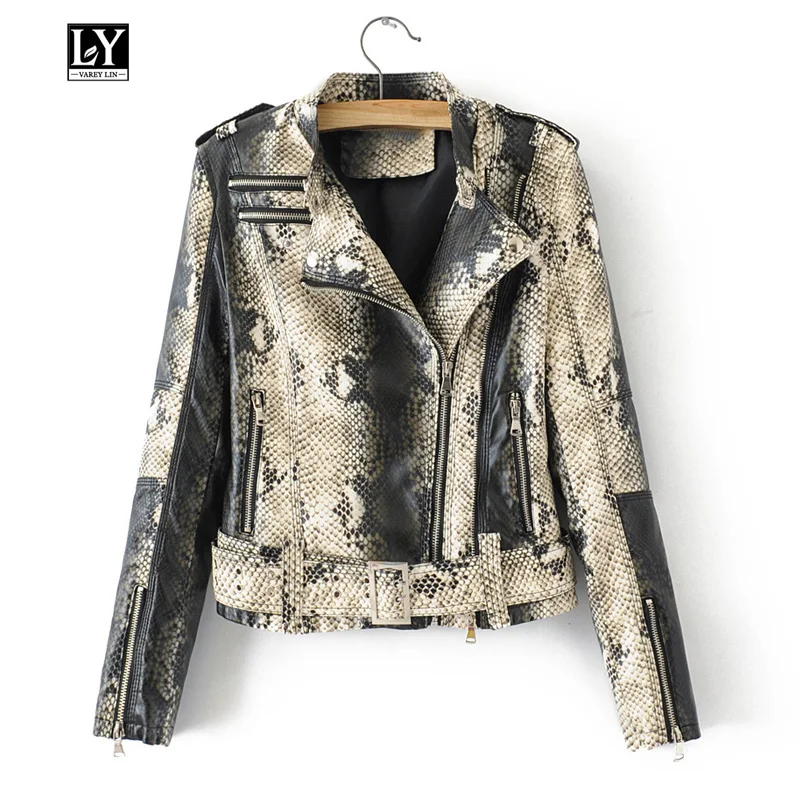 

Ly Varey Lin Autumn Faux Soft Leather Pu Jacket Women Coat Vintage Snakeskin Rivet Zipper Short Jacket Female Black Outerwear