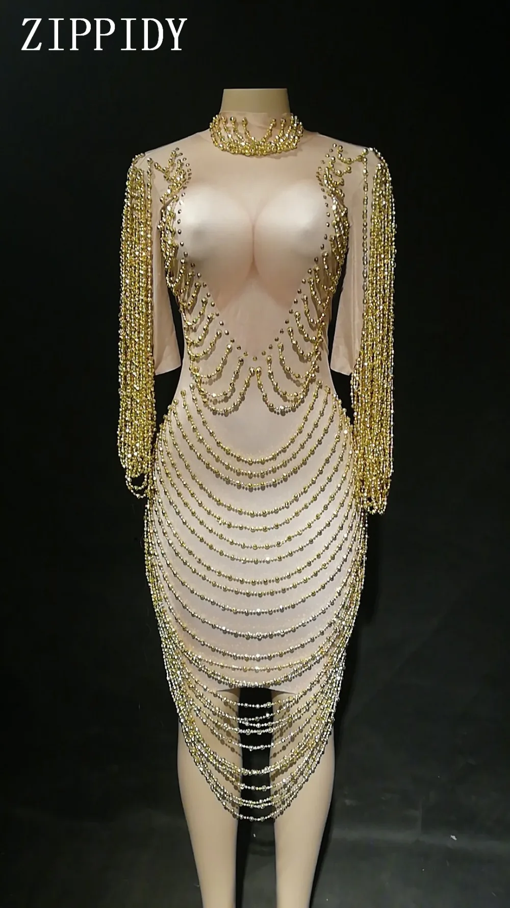 Модное Новое дизайнерское платье с золотыми цепочками, вечернее сексуальное платье, праздничный костюм для певицы, платье с бусинами YOUDU