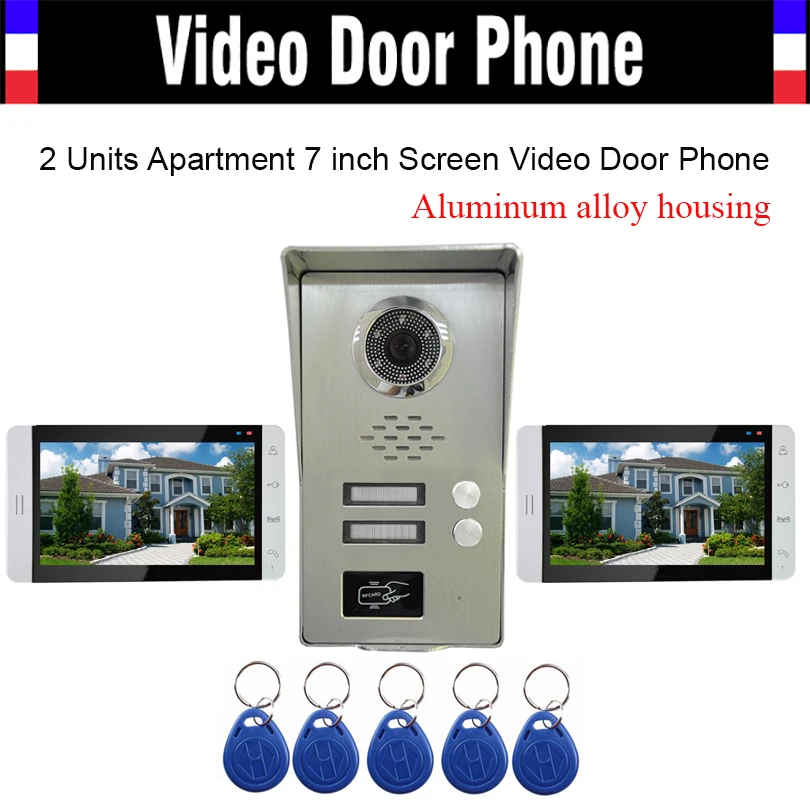 2 Units Apartment 7 inch Monitor Video Door Phone Intercom Aluminum Alloy Camera RFID Keyfobs Unlock Door bell Doorphone