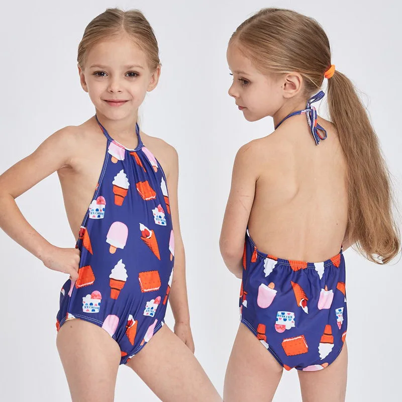 New Swimwear Children Girl Backless One Piece Swimsuit Cute Cartoon Ice Cream Printing Girls Kids Bathing Suit Baby Beachwear 3