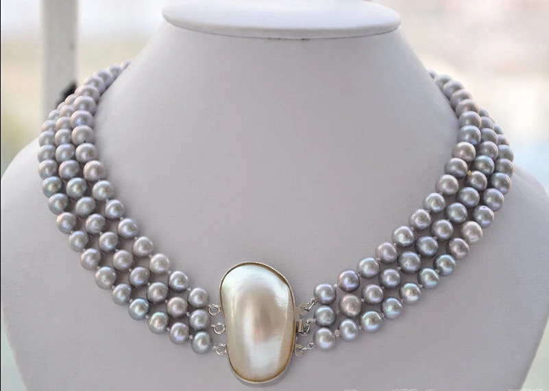 

FREE SHIPPING ******* Z5581 BEATUFIUL 3row 19" 9mm GRAY ROUND FRESHWATER PEARL NECKLACE