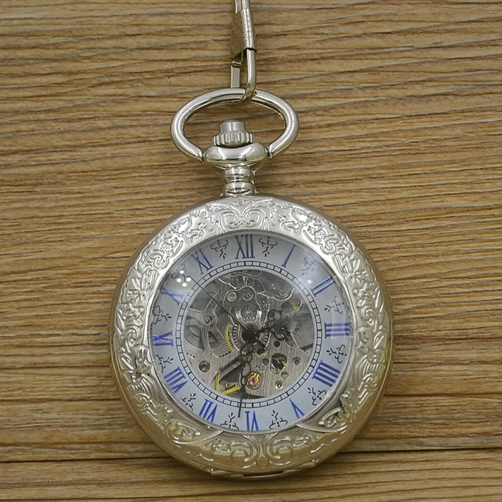 wholesale fashion self wind Mechanical Pocket Watch men blue roman number vintage retro Stylish