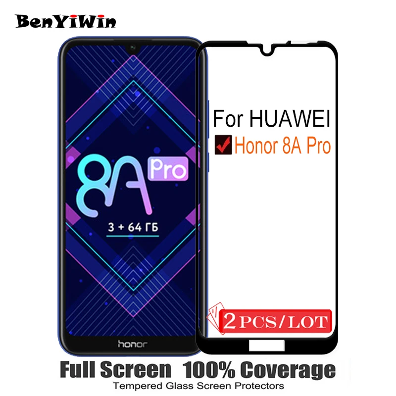 2 шт. 100% оригинальное закаленное стекло с полным покрытием для Huawei Honor 8A Pro