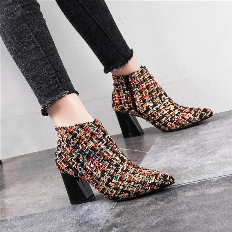 

Pointed Toe Designer Shoes Block Heels Ankle Boots for Women 2018 Winter Short Plush High Heel Boots Ladies Shoes Plaid