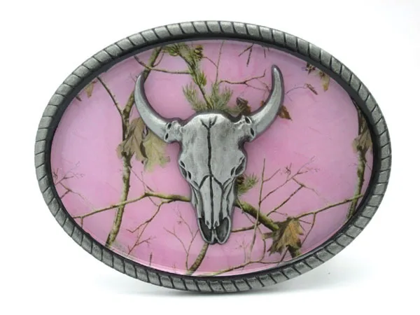 

Oval Pink Camouflage Bull Belt Buckle