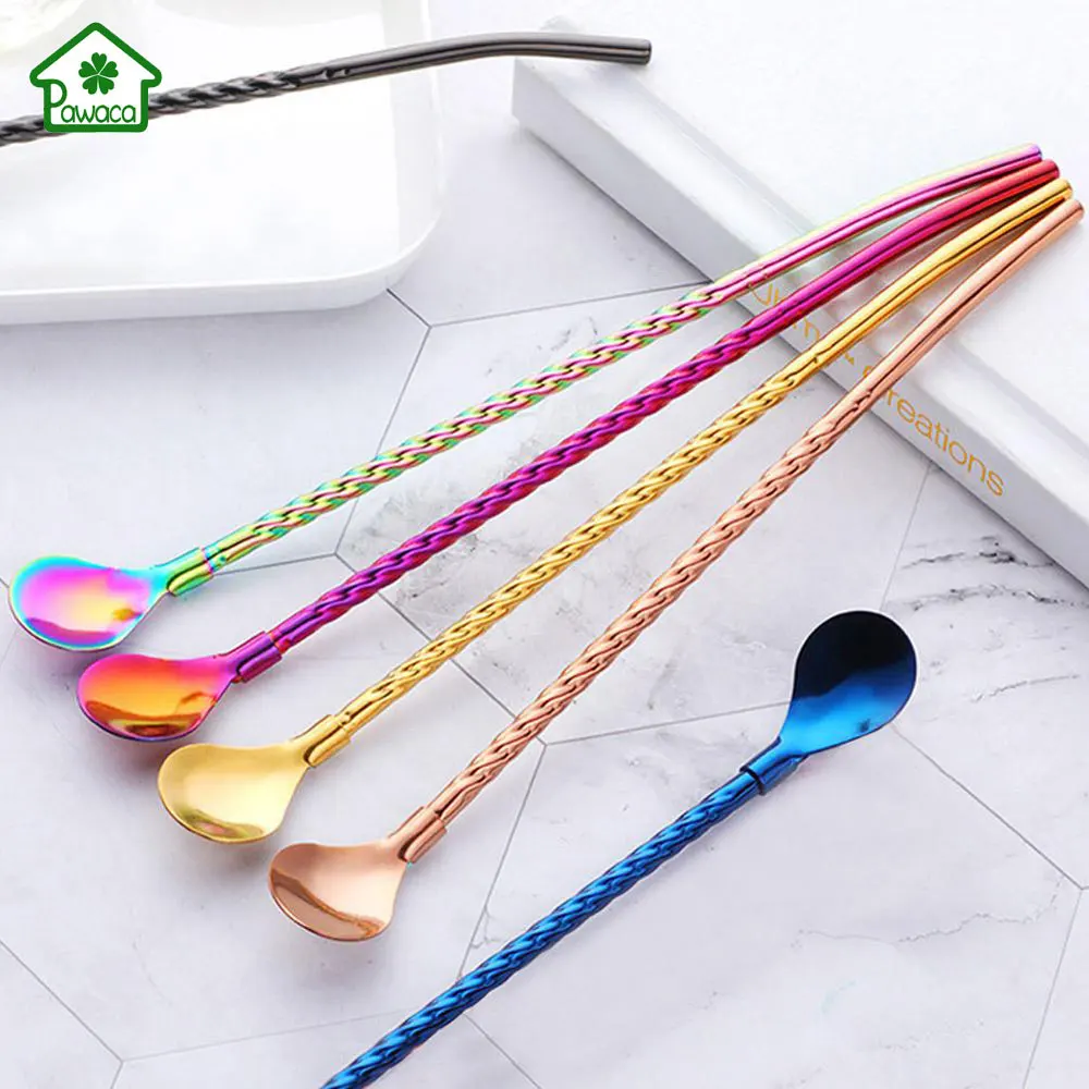 

6Pcs Stainless Steel Threaded Straw Spoon Multiuse Drinking Straw Teaspoon Long Handle Coffee Stirring Straw Spoon with Brush