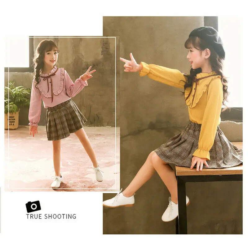 

2019 New Princess T-shirt Kids Girls Autumn Top Tee Ruffles Solid Long Sleeve T-Shirts Child Outfit Size 4-14T