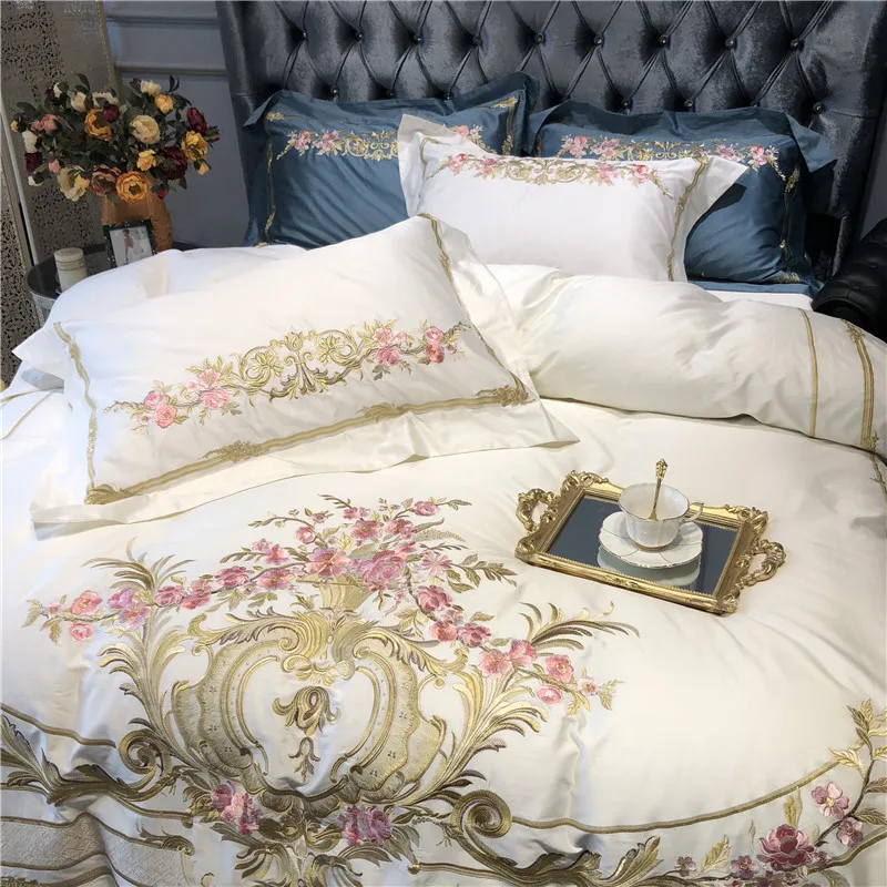 Flash Deal Champagne Blue White Luxury Royal Embroidery 100S Egyptian Cotton Palace Bedding Set Duvet Cover Bed sheet/Linen Pillowcases 67