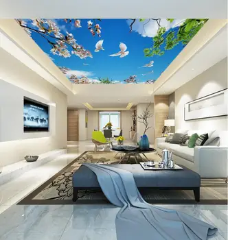 

3d ceiling murals wallpaper custom photo non-woven 3d wall murals wallpaper for living room blue sky flowers leaves painting