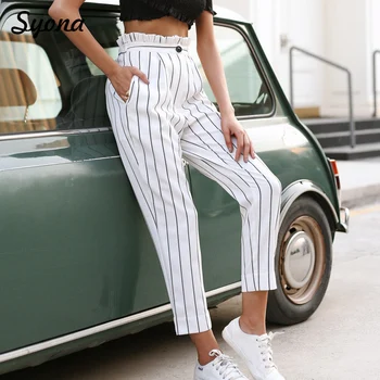 

Women Casual Straight Pinstripe PANTS Stripe Loose White Fringe Long Trousers Office Lady Pantalon Palazo Highwaisted Summer