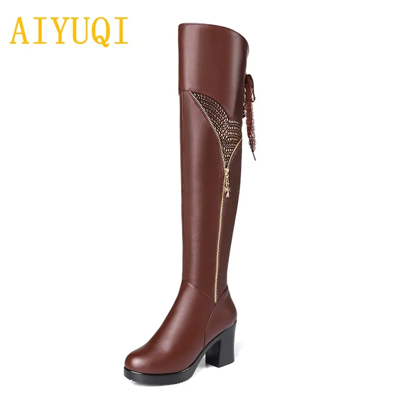 AIYUQI/Новинка года; сезон осень-зима; женские мотоботы из натуральной кожи. Модные сапоги до колена на высоком каблуке. Дамская обувь - Цвет: brown