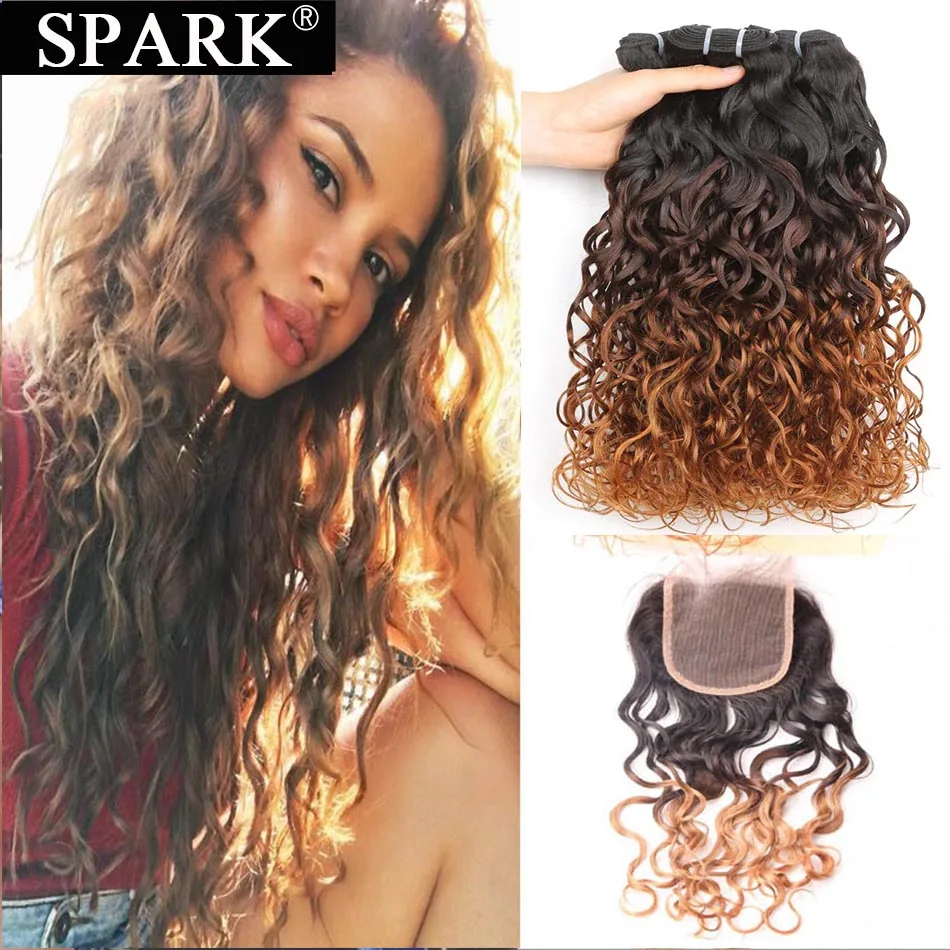 Spark Hair Ombre бразильские волнистые пряди с закрытием человеческие волосы с закрытием Remy человеческие волосы для наращивания средний коэффициент