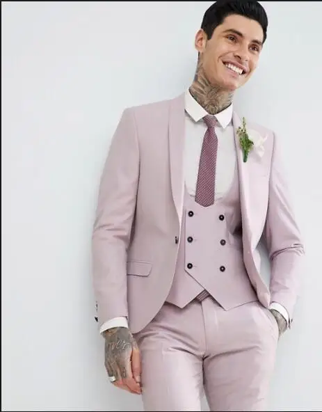 Светло розовый свадебный мужской костюм Зубчатый нагрудные Slim Fit 3 предмета в комплекте куртка + брюки для девочек жилет свадьбы парадный
