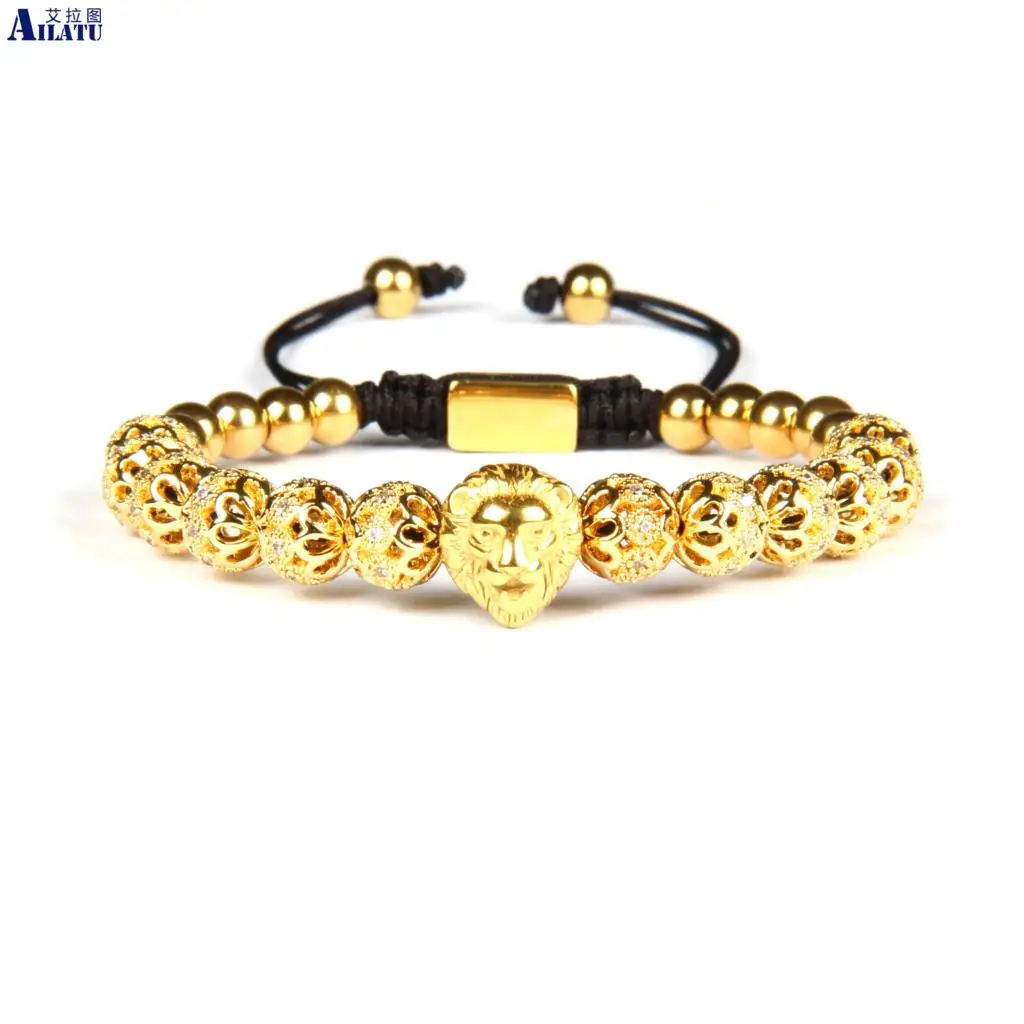 

Ailatu Luxury Mens Jewelry Stainless Steel Lion Head & Skull Macrame Bracelet with Micro Cz Ball