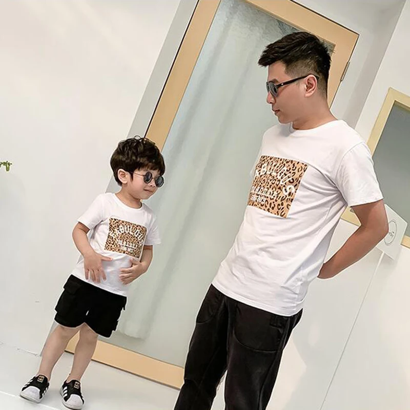 New Adult Kids Family Matching Clothes Casual Tees Father Mother Leopard Printed T-shirts Short Sleeve Cotton Mom Dad Girls Tops