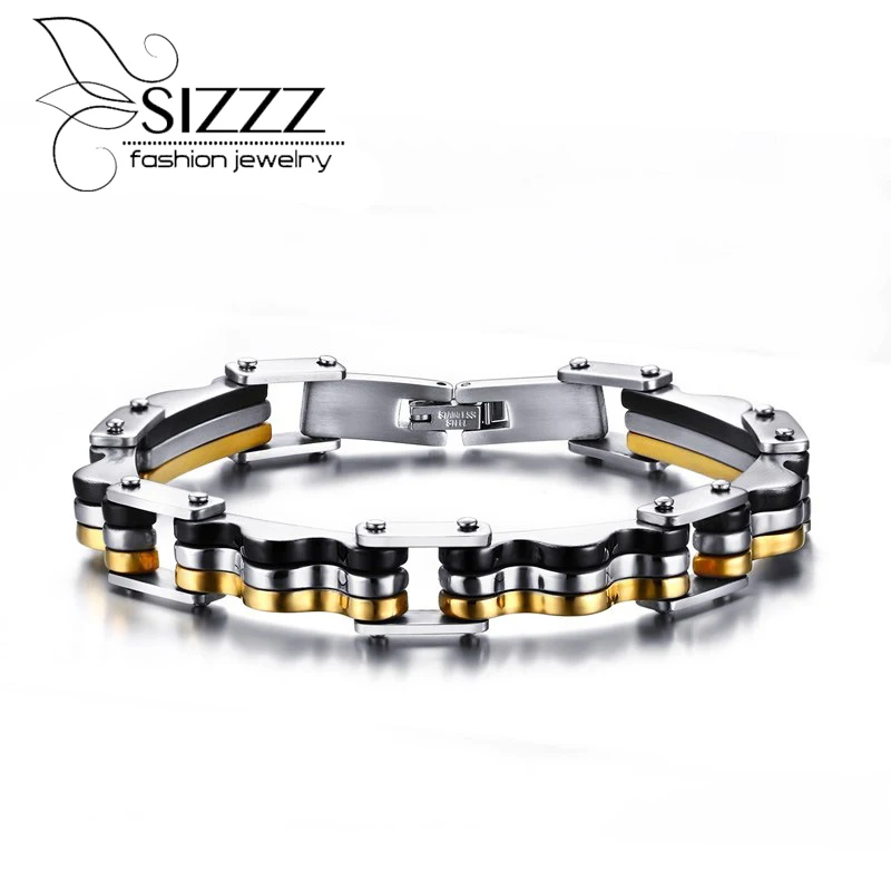

SIZZZ 22cm long 10mm wide Europe and the United States style stainless steel three-color Bracelet&Bangles for men