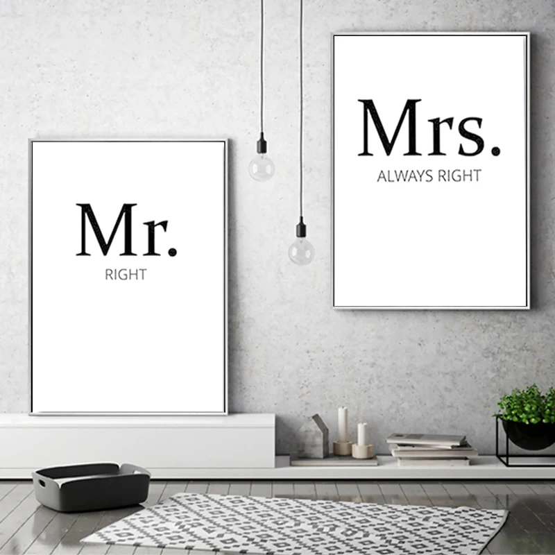 Черно белые кавычки холщовые картины Mr Right Mrs Always Couples настенные художественные