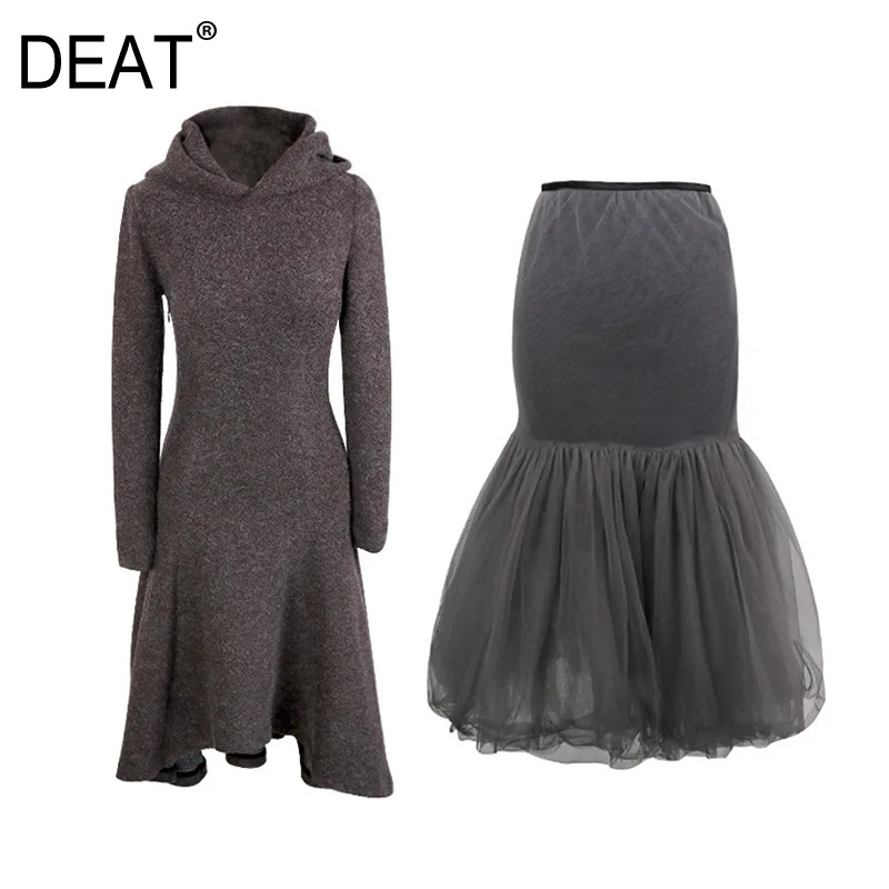 

DEAT 2019 New Fashion Women Clothing Hooded Knitting Dress And Mesh Patchwork A-line Skirt Two Pieces Set Warm WD12102L