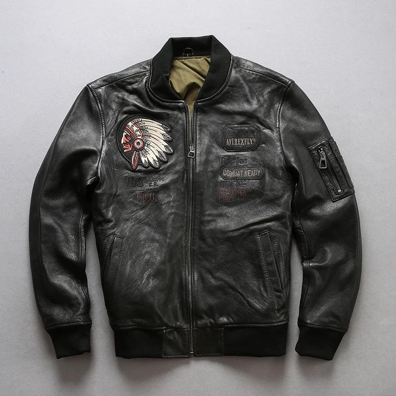 Discount A1827 Read Description! Asian size men's sheep leather jacket mens genuine sheep leather vintage embroidery bomber jacket