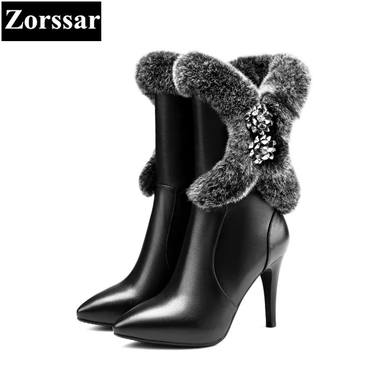 

{Zorssar} Luxury brand ladies shoes pointed Toe thin heels ankle boots Fashion Rabbit hair Leather High heels womens snow boots