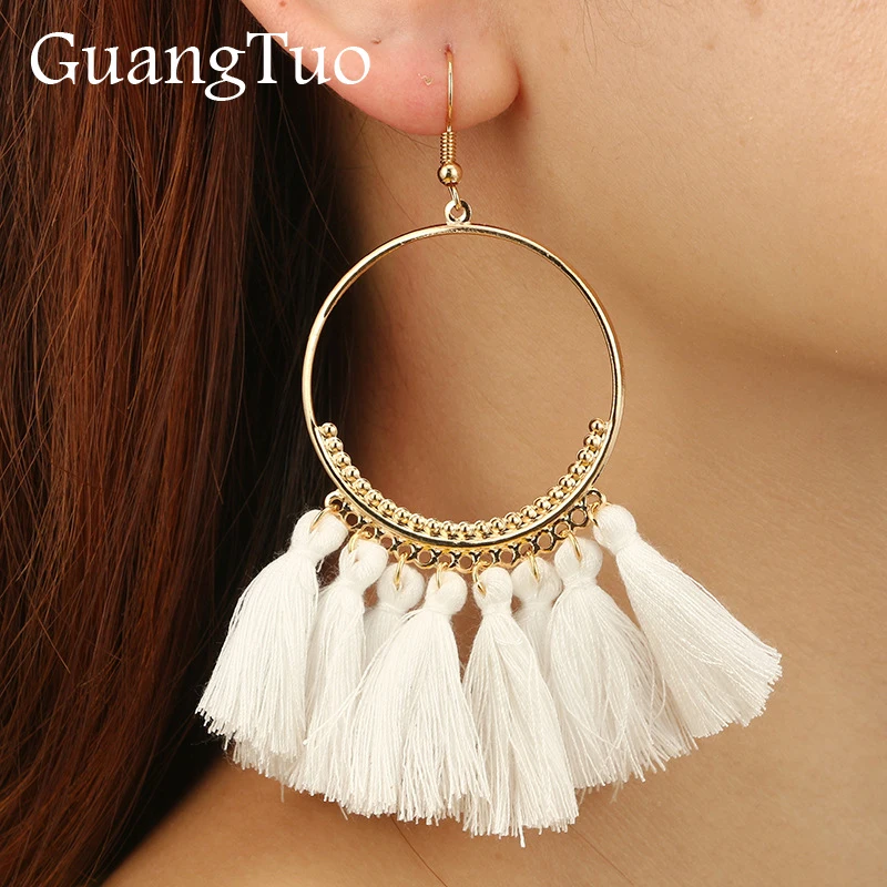 

EK2134 Bohemian Ethnic Fringed Long Tassel Earrings for Women Golden Large Circle Dangle Hanging Statement Fan Shaped Earring