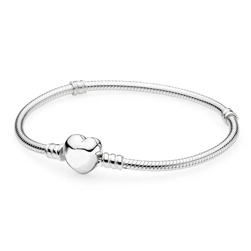 

Authentic 925 Sterling Silver Bead Charm Snake Chain Fit Original Branded Bracelet With Heart-shaped Clasp For Women DIY Jewelry