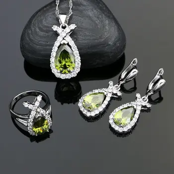 

Fish Shaped 925 Silver Jewelry Sets For Women Olive Green Cubic Zirconia White Crystal Earrings Ring Necklace Pendant Set