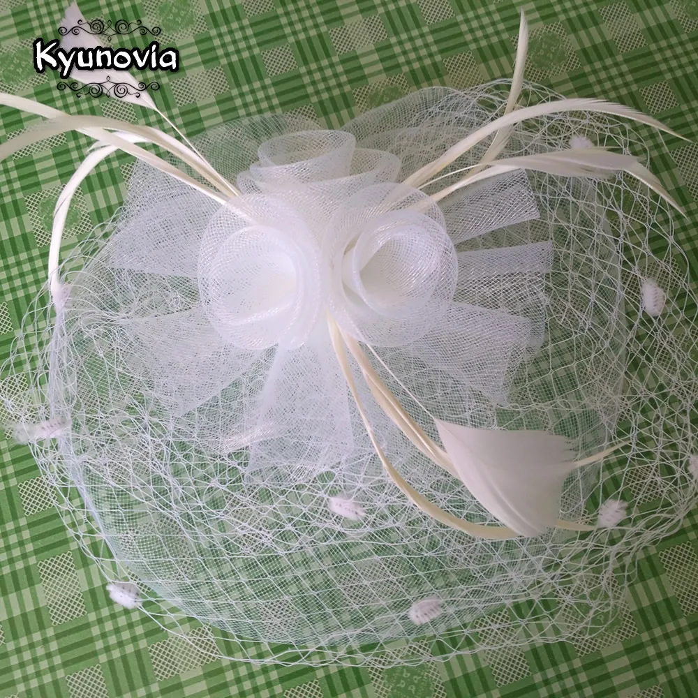 White Bridal Net Feather Hat with Veil - Kyunovia Bridal Flower Feathers Fascinator for Wedding Bride image 5