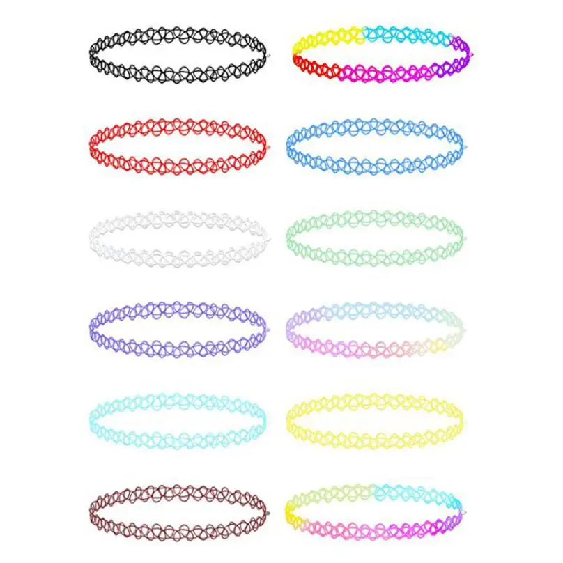 Новая мода 12 шт. татуировки колье Цепочки и ожерелья Stretch готические татуировки хной упругие колье Цепочки и ожерелья комплект нежный подарок N-20