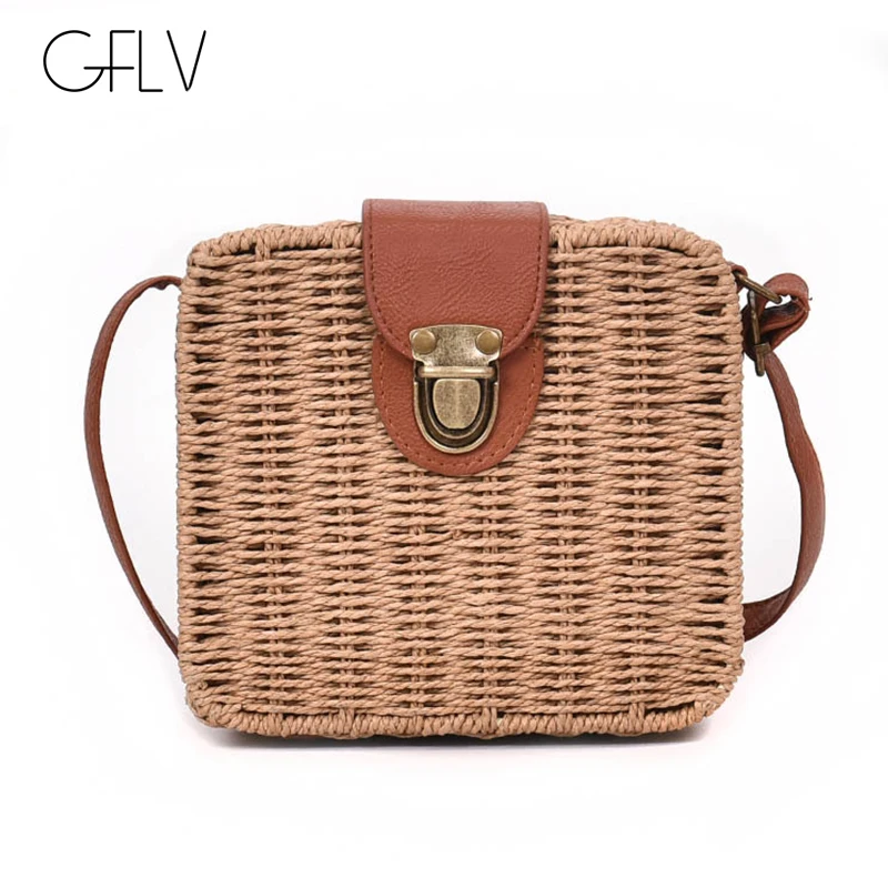 

GFLV Brand 2019 Sweet Summer Beach Bags Women High Quality Straw Bags Flap Box Lock Shoulder Bags Crossbody Small Handbags