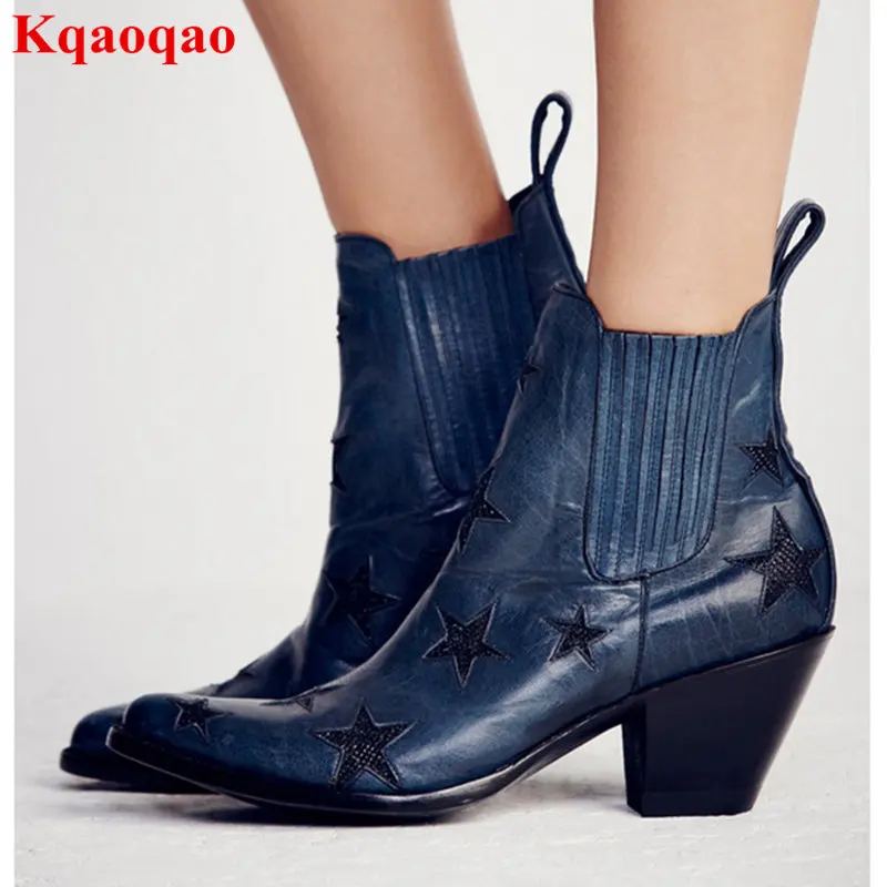 

Chelsea Women Boots Med Heel Short Booties Star Pattern Decor Ankle Boots Fashion Brand Runway Shoes Spring Hot Sapato Feminino
