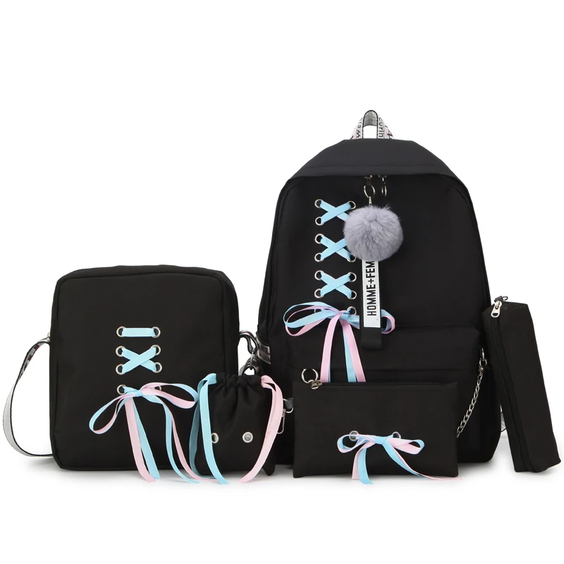 5 комплектов брендовый винтажный женский рюкзак, рюкзак, холщовые цепи, школьные рюкзаки для девочек-подростков, Повседневная вместительная сумка через плечо - Цвет: Black r