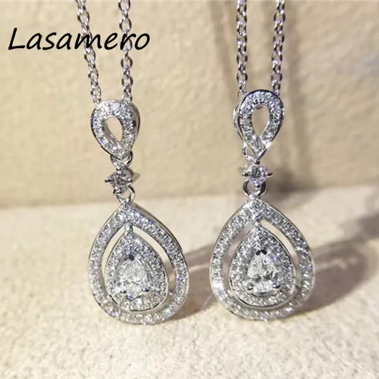 

LASAMERO Double Halo Prong Setting 0.15CT Pear Cut Natural Diamond Pave Set 18k White Gold Pendant Necklace Chains