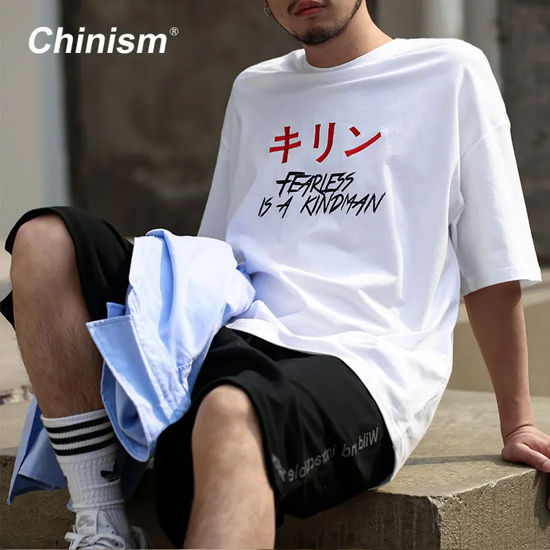 

CHINISM Fearless is A Kindman Printed Oversize T shirts Mens Loose Japanese Words Printing Short Sleeve Hip Hop Top Tee