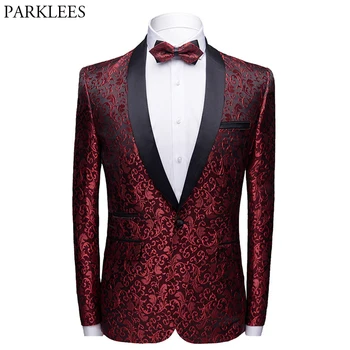 

Wine Red Floral Jacquard One Button Suit Jacket Male Shawl Collar Slim Fit Mens Blazers Party Wedding Prom Tuxedo Blazer Hombre