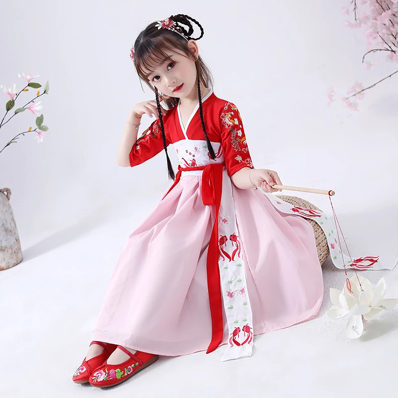 Hanfu костюмы для девочек в китайском стиле Тан костюм дети Китайский Древние Традиционные одежда народный танец платье костюм ханьфу DQL559