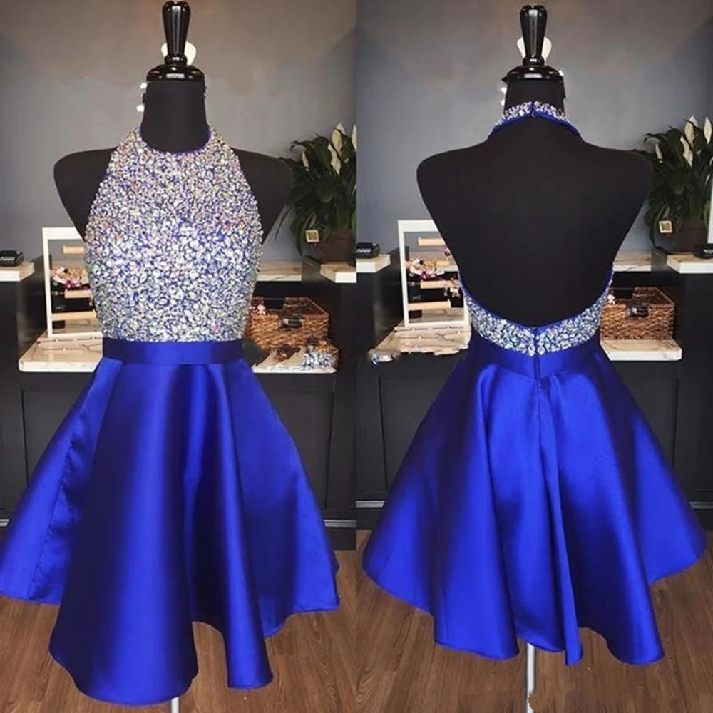 

2019 Royal Blue Sparkly Homecoming Dresses A Line Hater Backless Beading Short Party Dresses for Prom abiti da ballo Custom Made