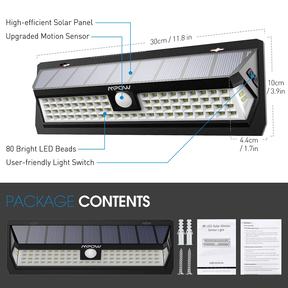 Mpow CD124 80 светодиодный светильник на солнечных батареях 120 градусов угол чувствительности открытый светильник 3 регулируемый светильник ing Time для сада подъездной дорожки двора гаража