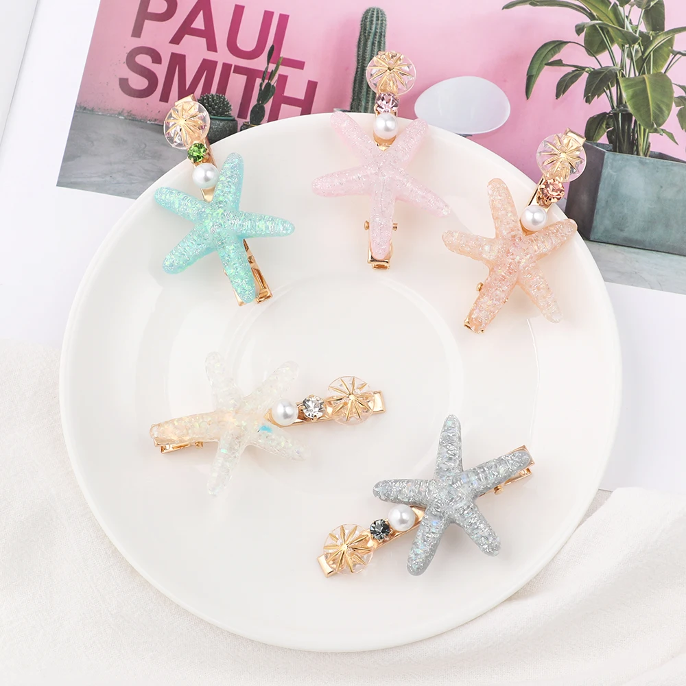 

Japan Sweet Colorful Starfish Hair Clips For Women Imitation Pearl Crystal Rhinestones Hairgrip Headwear Hair Styling Accessorie